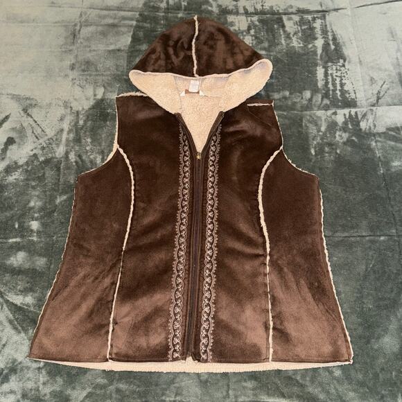 Lucy & Laurel Hooded Vest Womens XL Brown Suede Winter Faux Fur Lining Full Zip - Picture 7 of 7
